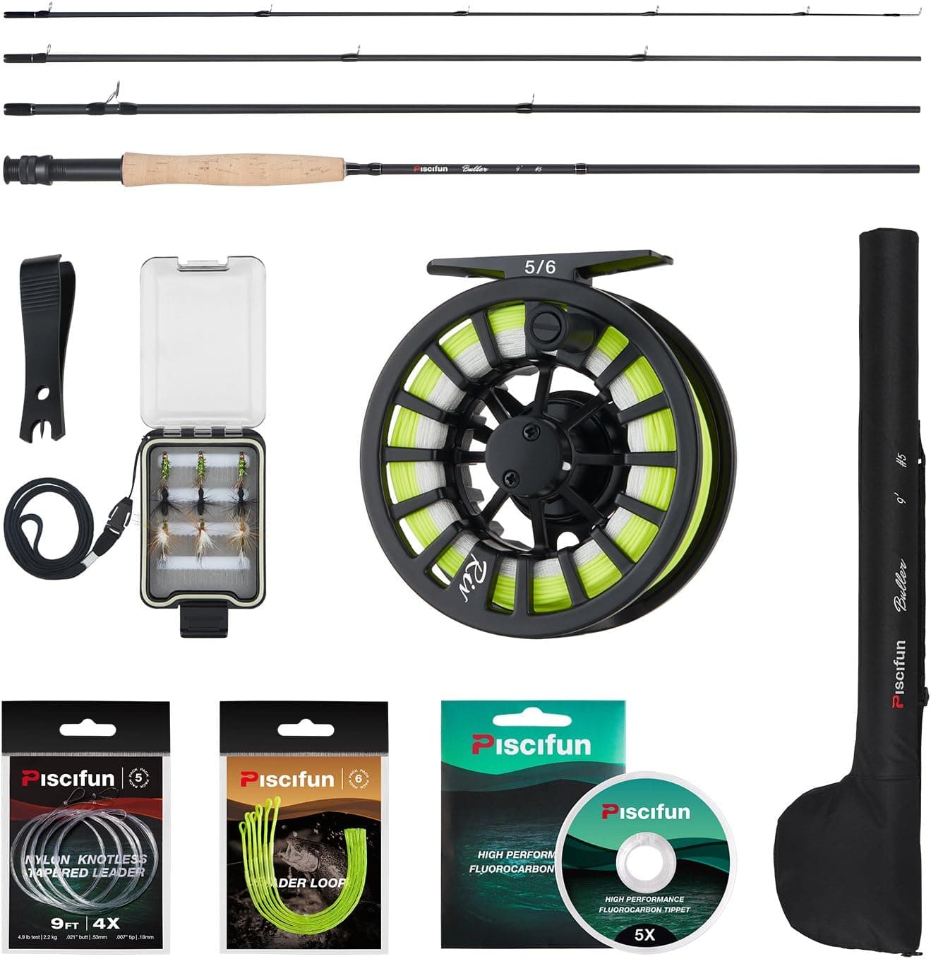 Piscifun Fly Fishing Rod and Reel Combo 5/6 Complete Starter Package with Leader Loop Tippet